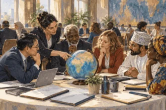 Delegates discuss a globe at an international meeting.