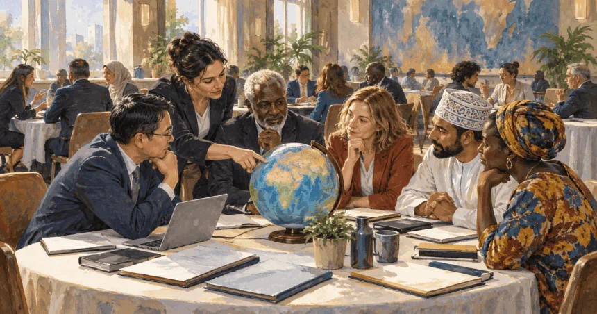 Delegates discuss a globe at an international meeting.