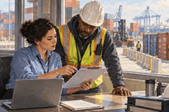 Conceptual painting of port workers reviewing a shipment at a cargo terminal.