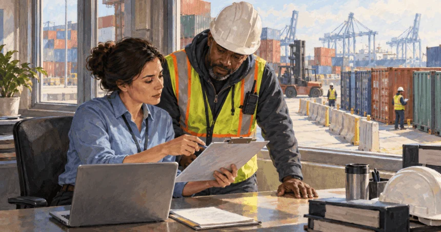 Conceptual painting of port workers reviewing a shipment at a cargo terminal.