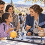 Conceptual painting of a cultural officer talking with students at a public science exhibition.