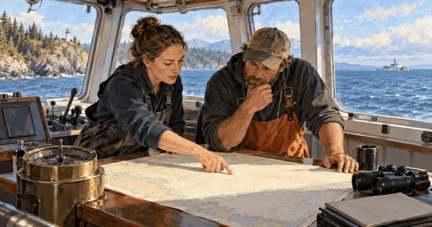 A navigator and fisherman study a nautical chart on a vessel near shore.