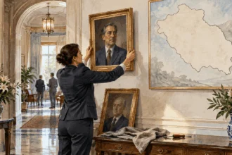 Conceptual painting of an embassy worker replacing a leader portrait while a country map remains.