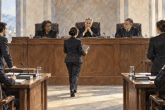 Conceptual painting of a hearing in an international courtroom.
