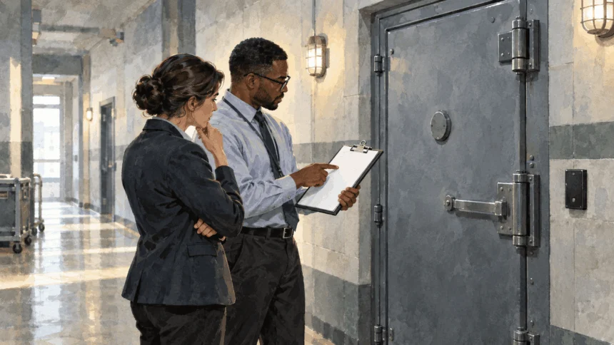 Conceptual painting of two analysts checking a secure storage-room door with a blank checklist.
