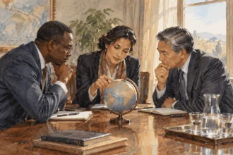 Conceptual painting of fictional diplomats examining a globe during a consultation.