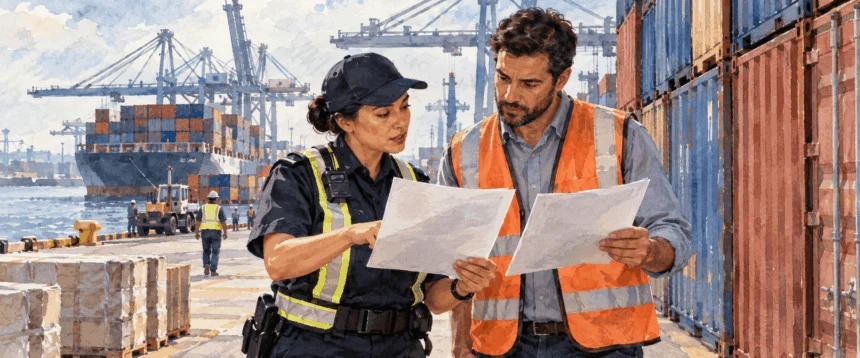 Conceptual painting of a customs worker and importer comparing unmarked documents at a cargo terminal.