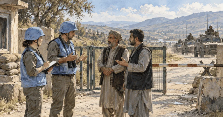 Conceptual painting of observers at a peacekeeping checkpoint.