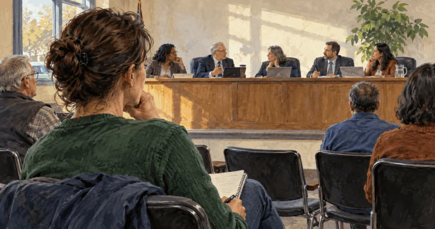 Conceptual painting of a resident watching officials deliberate at a public meeting.