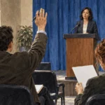 Conceptual painting of a reporter raising a question at a government briefing while another holds a plain statement.