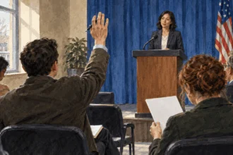 Conceptual painting of a reporter raising a question at a government briefing while another holds a plain statement.