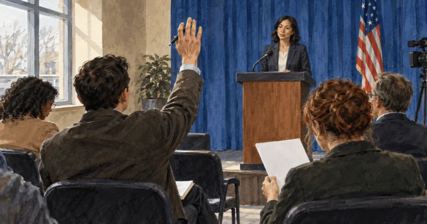 Conceptual painting of a reporter raising a question at a government briefing while another holds a plain statement.