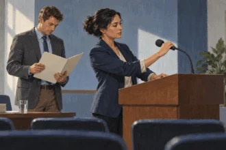 Painted illustration of staff preparing a microphone and folder before a public briefing.