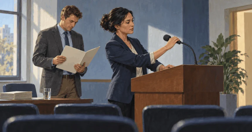Painted illustration of staff preparing a microphone and folder before a public briefing.