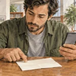 Conceptual painting of a person comparing a blank paper notice and phone at a library table.