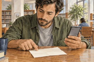 Conceptual painting of a person comparing a blank paper notice and phone at a library table.