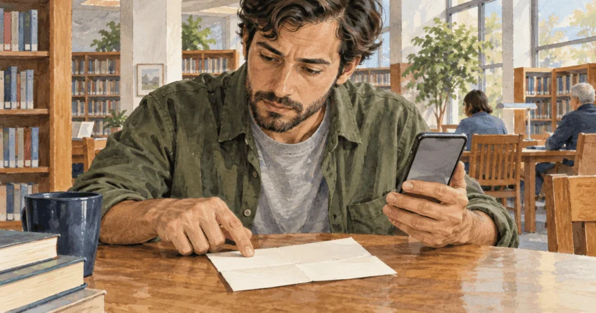 Conceptual painting of a person comparing a blank paper notice and phone at a library table.