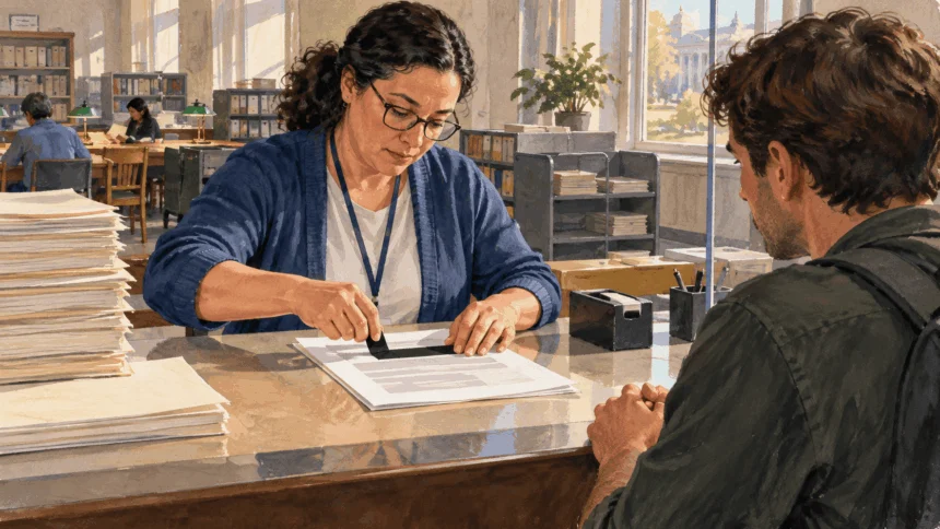 Painted illustration of a records officer reviewing a document with a public requester.