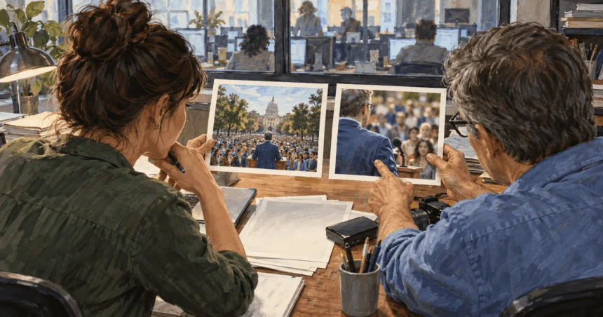 Conceptual painting of two newsroom editors comparing different crops of a civic-event photograph.
