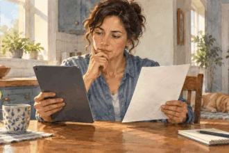 Conceptual painting of a voter comparing two kinds of public messages.