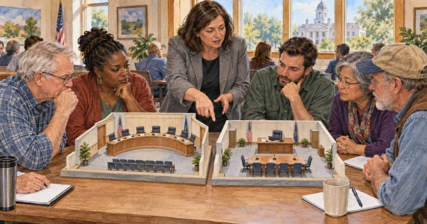 Residents comparing two models of county government decision rooms.