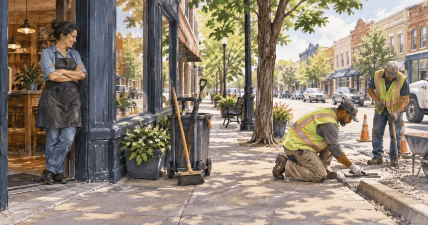 Conceptual painting of a shop owner watching sidewalk upkeep and curb repair on a neighborhood main street.