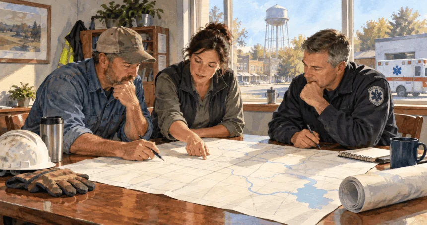 Conceptual painting of local officials planning shared public services.
