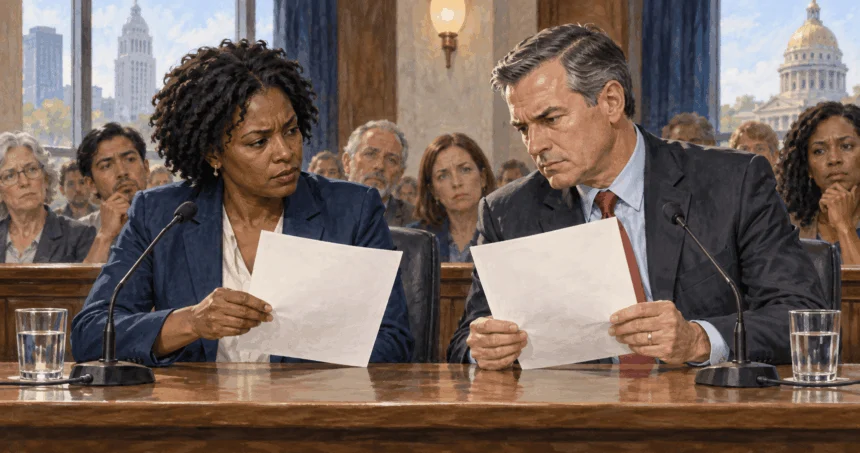 Conceptual painting of city council member and a state legislative aide compare blank rulebooks at a public meeting table.