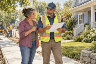 Painted illustration of a homeowner discussing neighborhood improvement plans beside a road project.