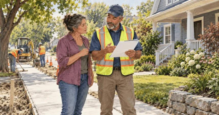 Painted illustration of a homeowner discussing neighborhood improvement plans beside a road project.