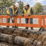 Conceptual painting of municipal public works employees inspecting an exposed old water pipe.