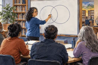 Conceptual painting of a civics teacher explaining overlapping rights to adult learners.