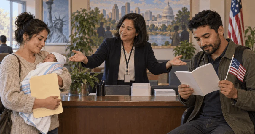 Painted scene of a parent with a newborn and an adult studying naturalization at a citizenship information desk.