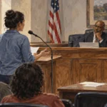 Conceptual painting of a resident speaking at a local public hearing while representatives listen.