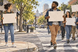 Painted illustration of peaceful demonstrators near a city crosswalk.