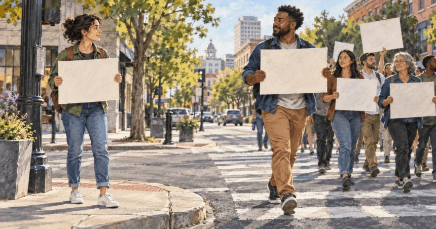 Painted illustration of peaceful demonstrators near a city crosswalk.
