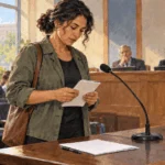 Painted illustration of a resident preparing to speak at a public hearing.