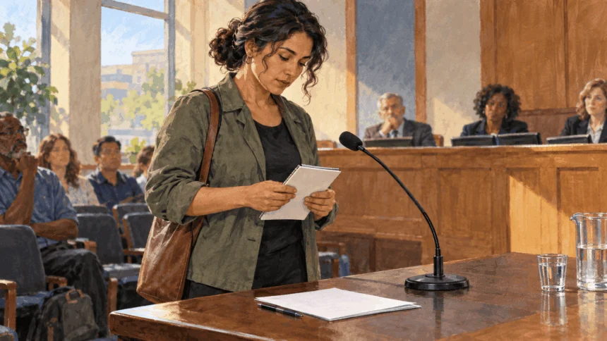 Painted illustration of a resident preparing to speak at a public hearing.