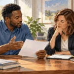 Painted illustration of an employee discussing a blank accommodation request with a supervisor.