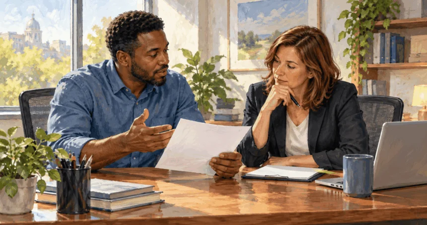 Painted illustration of an employee discussing a blank accommodation request with a supervisor.