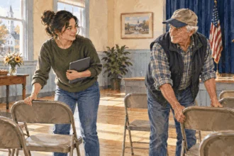 Conceptual painting of volunteers prepare for a community meeting with a tablet and in-person chairs.