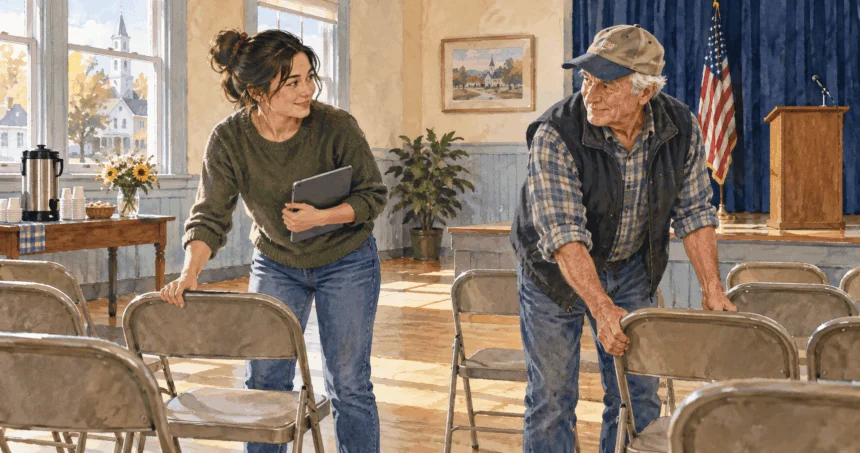 Conceptual painting of volunteers prepare for a community meeting with a tablet and in-person chairs.