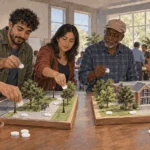 Conceptual painting of residents discussing local budget choices at a community meeting.