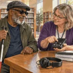 Painted illustration of library worker demonstrating an audio-book player to an adult using a cane.