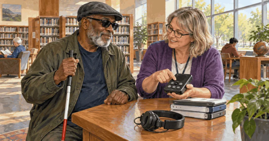 Painted illustration of library worker demonstrating an audio-book player to an adult using a cane.