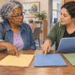 Painted illustration of an older adult discussing blank program folders with a staff member at a resource desk.