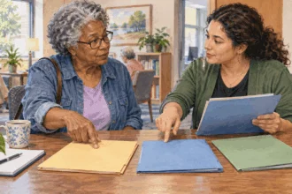 Painted illustration of an older adult discussing blank program folders with a staff member at a resource desk.