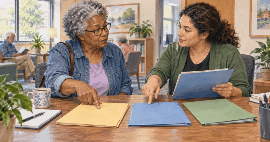 Painted illustration of an older adult discussing blank program folders with a staff member at a resource desk.