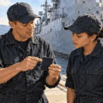 Conceptual painting of two sailors examine a blank uniform patch beside a ship.