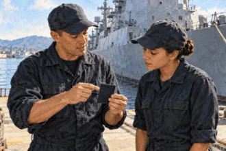Conceptual painting of two sailors examine a blank uniform patch beside a ship.